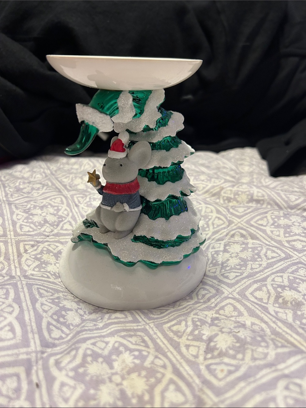 Bath & Body Works Green and White Ceramic Tree Candle Holder with Mouse